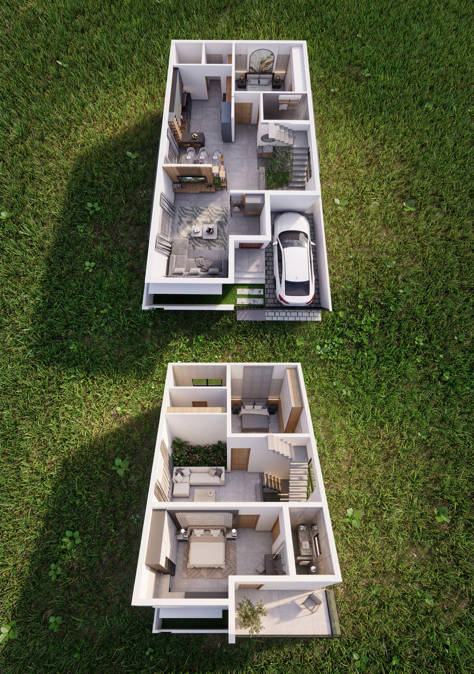 3D isometric villas with lush greenery